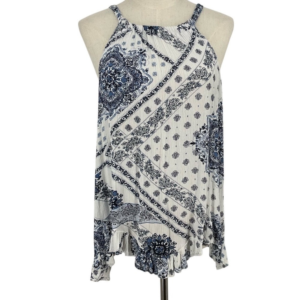 Maurices White Blue Medallion Print Crinkle Halter Neck Ruffle Boho Top Womens M